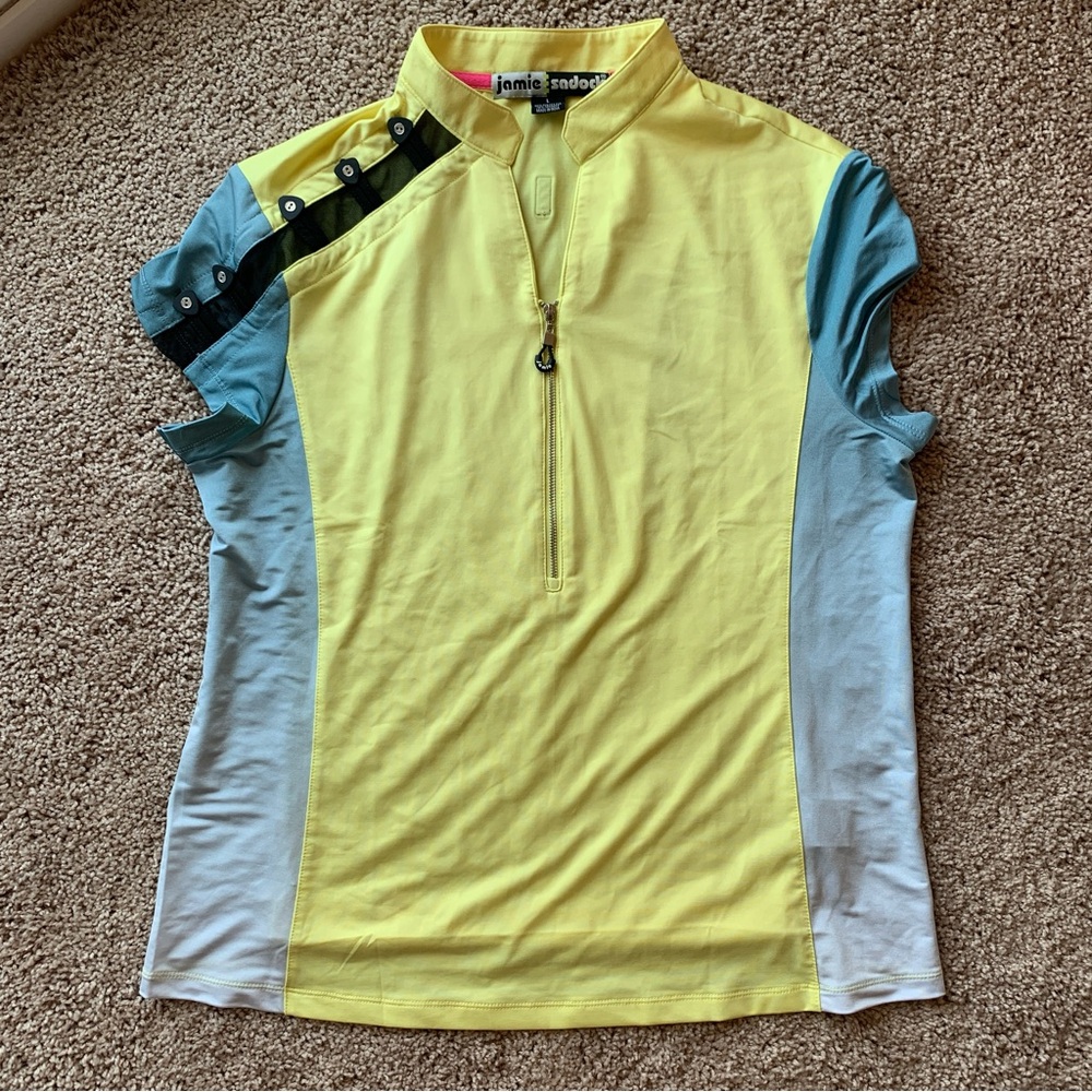 Jamie Sadock Golf Top Large Yellow Ombre Blue Silver 1/4 Zip Short Sleeve